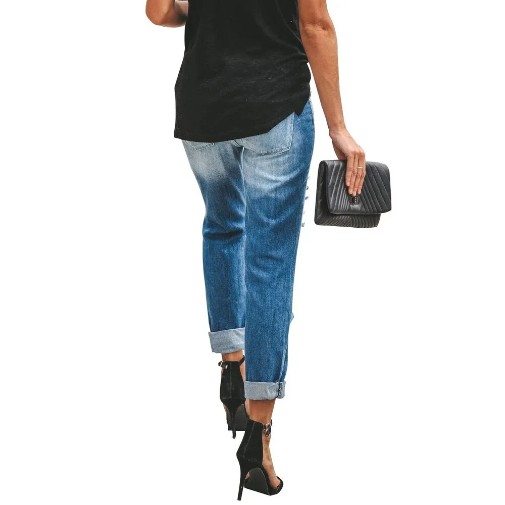 KUNMI Women's Ripped Mid Waisted Boyfriend Jeans Loose Fit Distressed Large - Picture 3 of 5